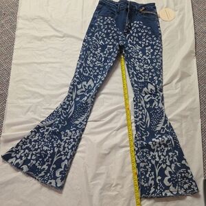 Dark Blue Floral-Print Flare Jeans for Women